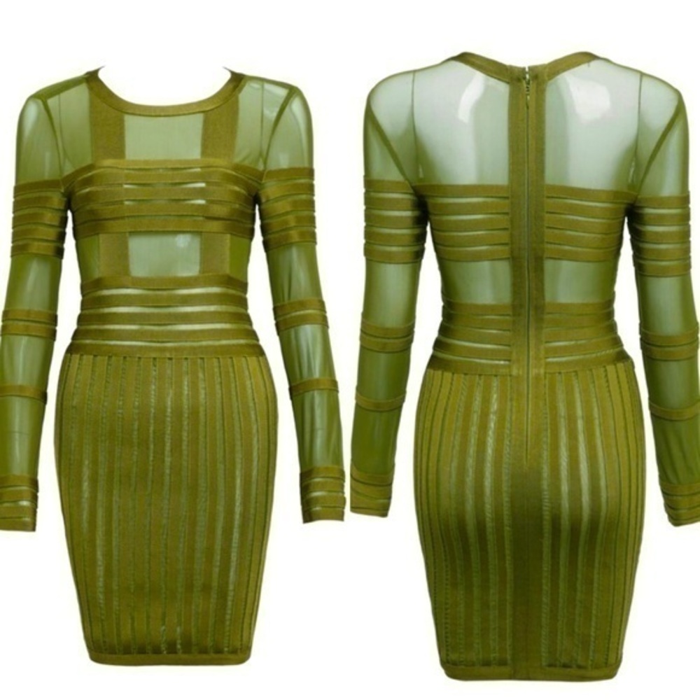 BCBG MaxAzria Sheer Bandage Mesh Bodycon Stretchy Ribbed Long Sleeve Short Dress